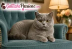 British Shorthair grigio con occhi dorati su una poltrona elegante
