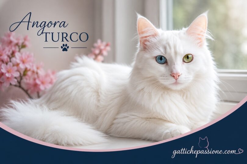 Gatto Angora Turco bianco con occhi impari (uno blu e uno verde) sdraiato accanto a fiori rosa - Gatti che Passione