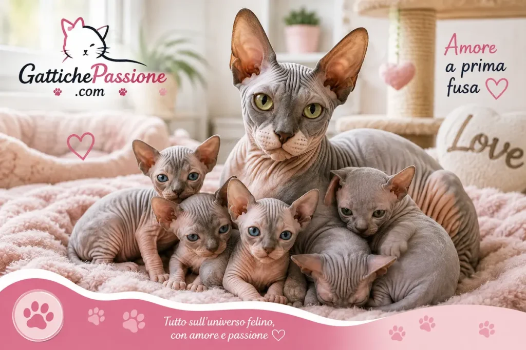 Mamma Don Sphynx con i suoi cuccioli