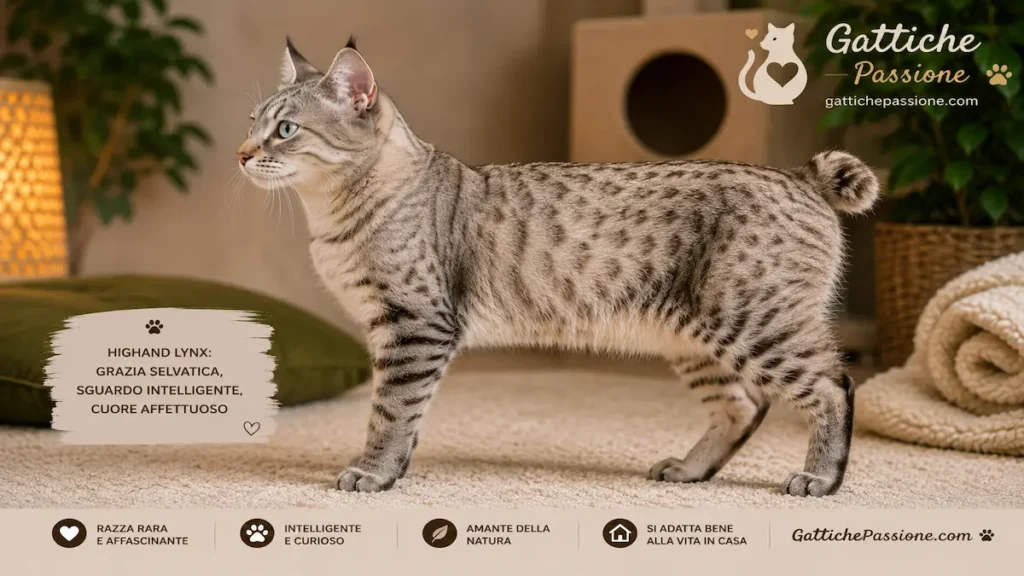 Gatto Highland Lynx di profilo con orecchie tufted e coda corta
