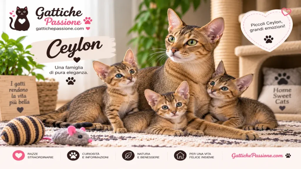 Mamma Ceylon con tre gattini dal caratteristico mantello tabby