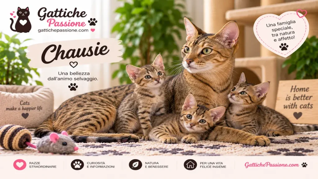 Mamma Chausie con tre gattini dal caratteristico mantello tabby