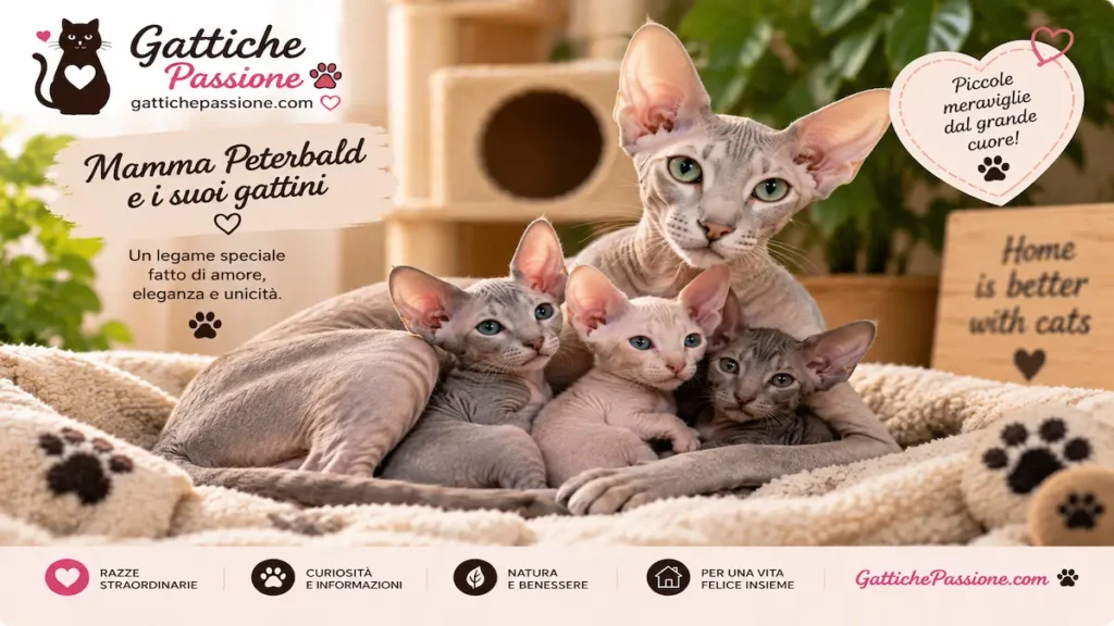 Mamma Peterbald con tre gattini dal mantello quasi glabro