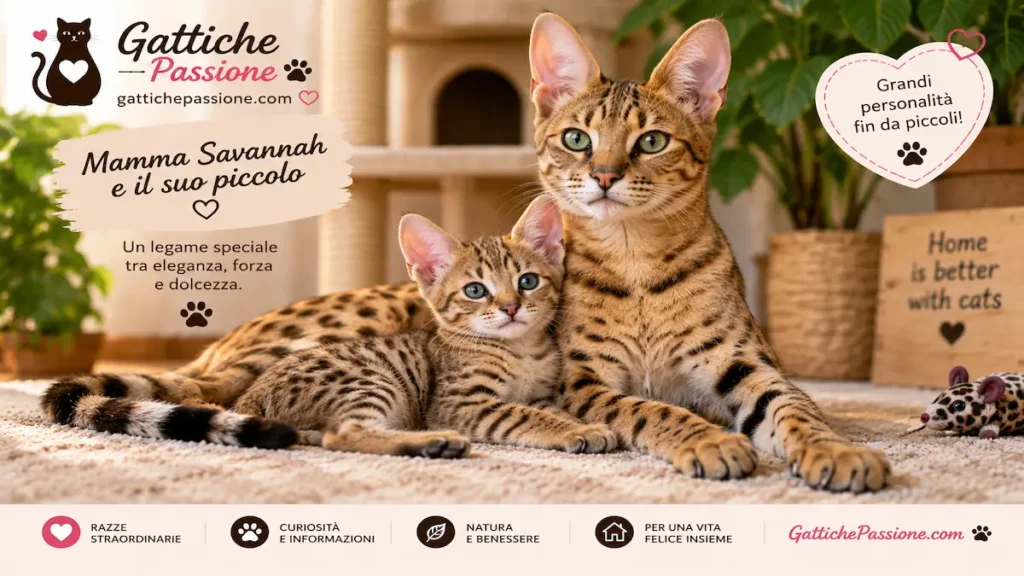 Mamma Savannah con il suo gattino dal mantello maculato