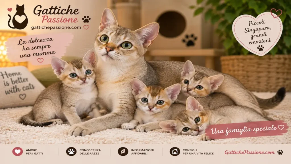Mamma Singapura con quattro gattini dal caratteristico mantello ticked