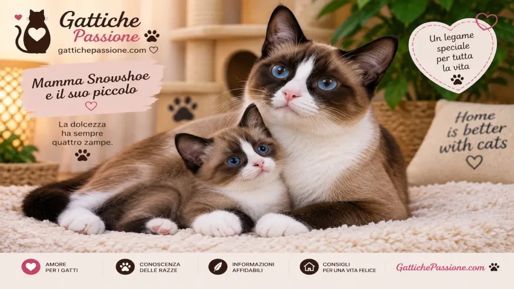 Mamma Snowshoe con il suo gattino dagli occhi blu e zampe bianche