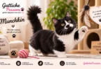 Gatto Munchkin con caratteristiche zampe corte e folto pelo bicolore