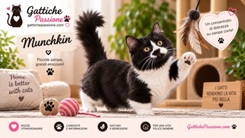 Gatto Munchkin con caratteristiche zampe corte e folto pelo bicolore
