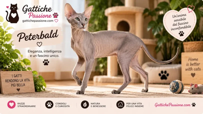 Gatto Peterbald dal corpo elegante e dal mantello quasi glabro