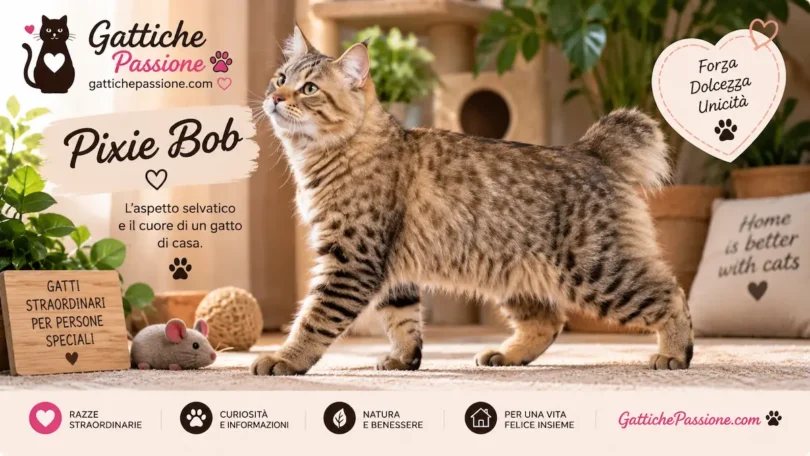 Gatto Pixie Bob dal mantello maculato e dalla caratteristica coda corta