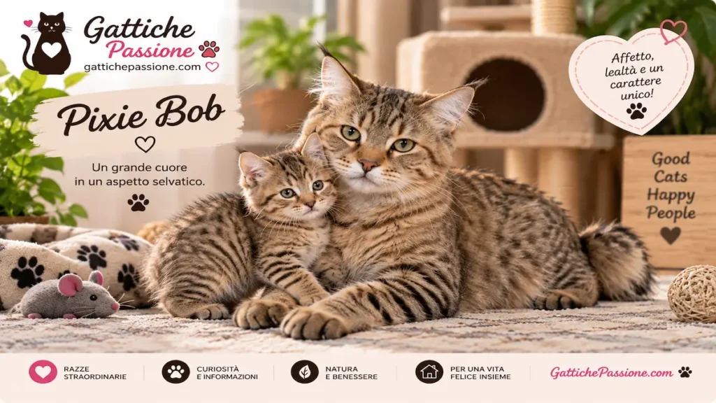Gatto Pixie Bob Mamma accanto al su gattino dal mantello tabby maculato