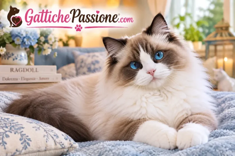 Gatto Ragdoll dal pelo lungo e morbido e dagli occhi azzurri