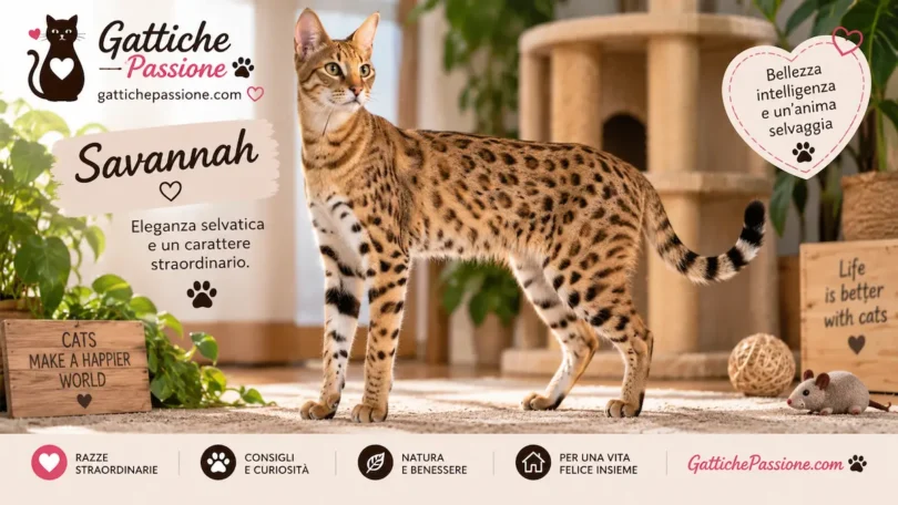Savannah il gatto dal mantello dorato con caratteristiche macchie scure