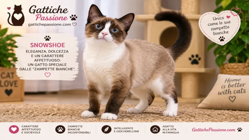 Snowshoe il gatto di razza con occhi blu e caratteristiche zampe bianche