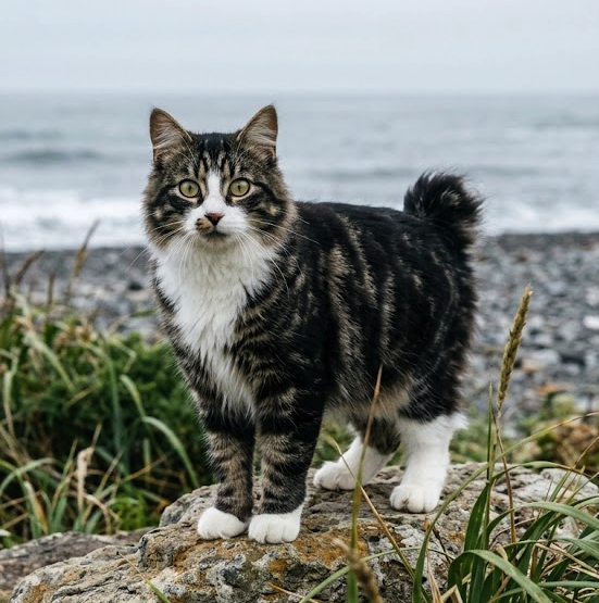Esemplare adulto di gatto Kurilian Bobtail su una spiaggia rocciosa che mostra la tipica coda corta a pompon