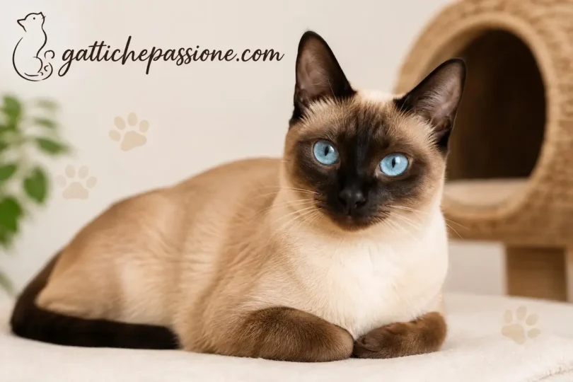 Esemplare di Gatto Siamese a pelo corto con occhi blu e mantello seal point