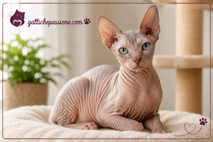Gatto Sphynx adulto senza pelo con grandi orecchie e occhi chiari | gattichepassione.com