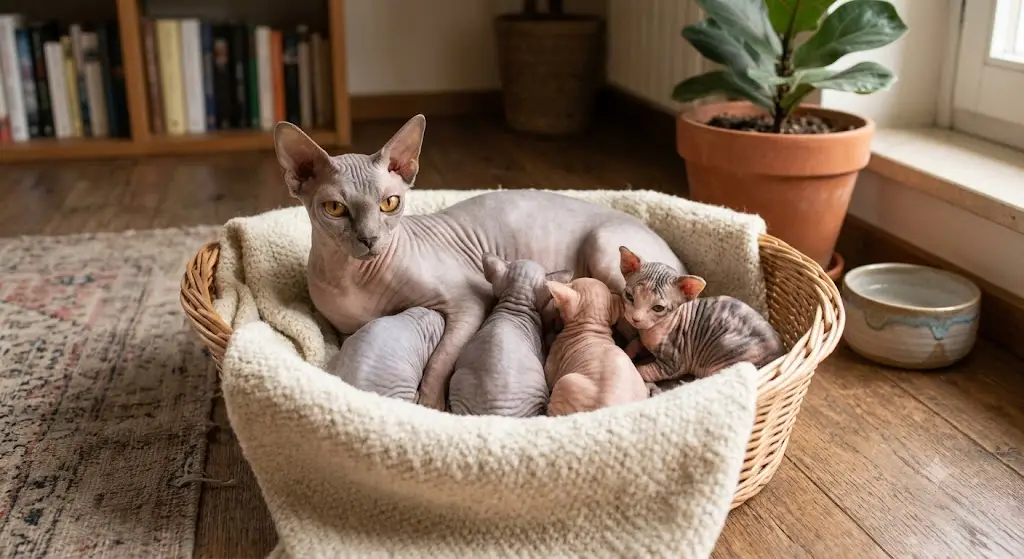 Mamma gatta di razza Sphynx senza pelo accoccolata in un cesto di vimini con i suoi cuccioli
