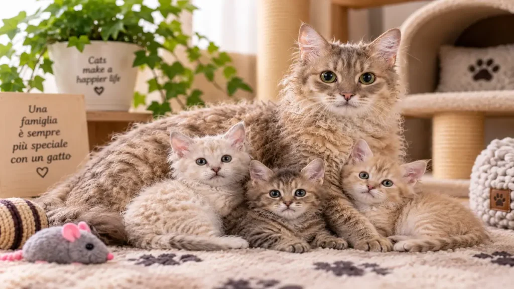 Mamma LaPerm con tre gattini dal caratteristico pelo riccio