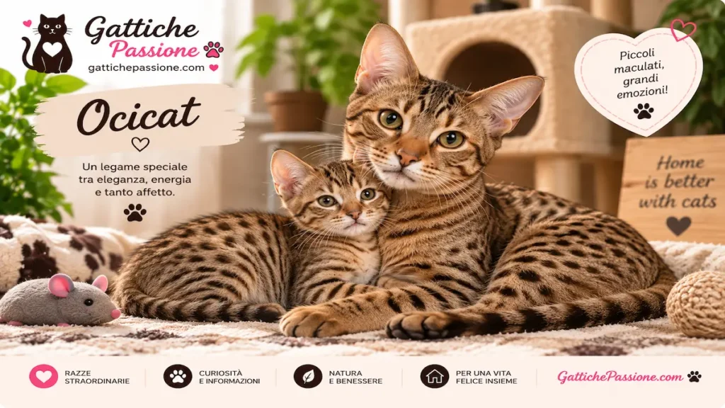 Mamma Ocicat con il suo gattino dal caratteristico mantello maculato