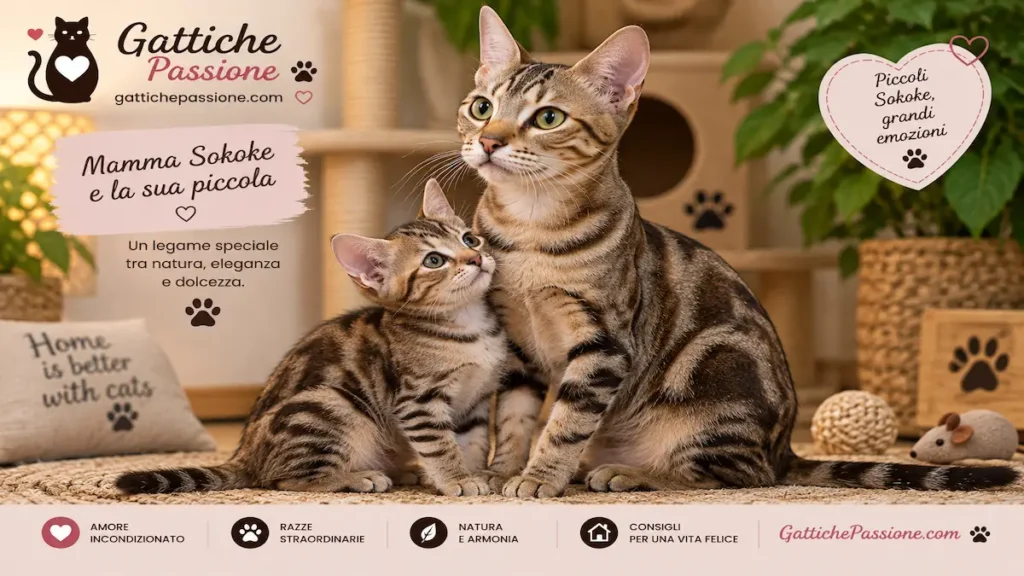 Mamma Sokoke con la sua gattina dal mantello marrone marmorizzato