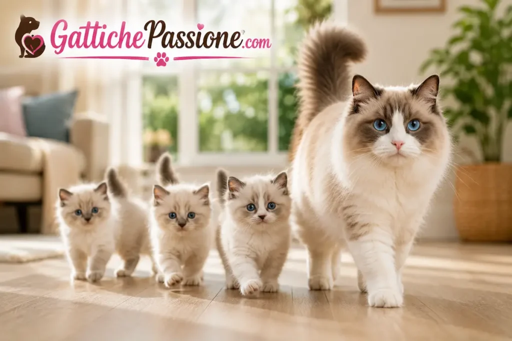 Mamma Ragdoll con quattro gattini che camminano insieme in casa