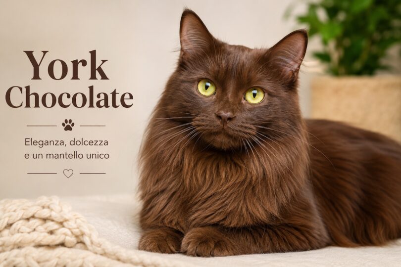 Gatto York Chocolate adulto dal lungo mantello color cioccolato e occhi giallo oro.