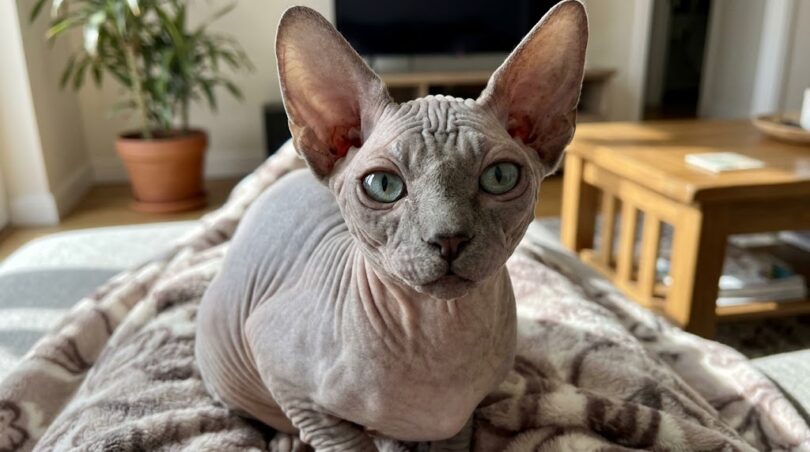Un primo piano fotorealistico di un gatto Donskoy senza pelo, seduto su una coperta morbida in un salotto luminoso. La sua pelle grigio-rosa rugosa è ben visibile, insieme alle grandi orecchie e agli occhi verde-azzurri. Sfondo sfocato con una pianta e un tavolo di legno.