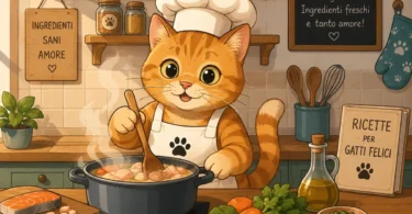 Un gatto con cappello da chef che cucina cibo per gatti fatto in casa in una pentola con ingredienti freschi.