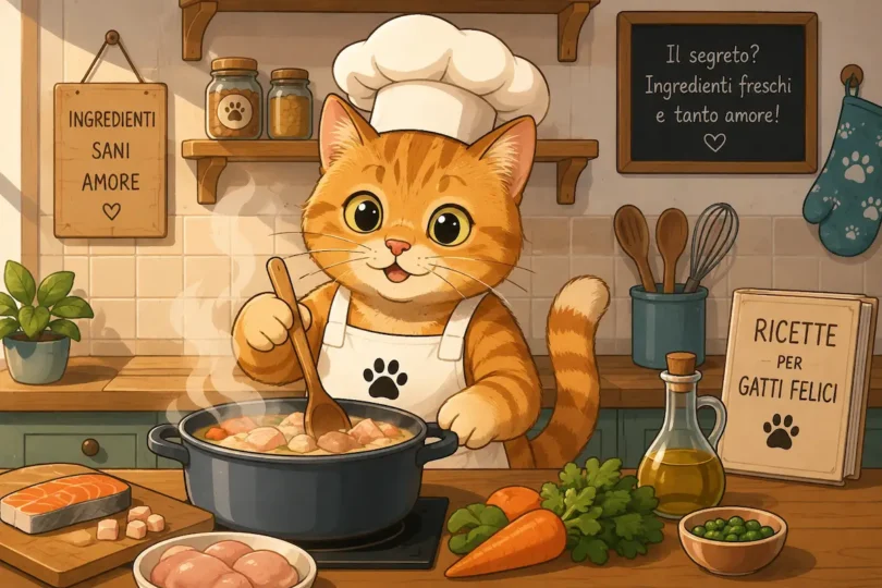 Un gatto con cappello da chef che cucina cibo per gatti fatto in casa in una pentola con ingredienti freschi.