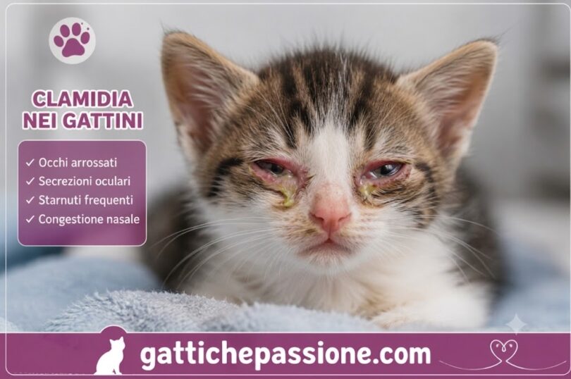 Gattino con occhi arrossati e secrezioni oculari, sintomi tipici della clamidia felina nei gattini.