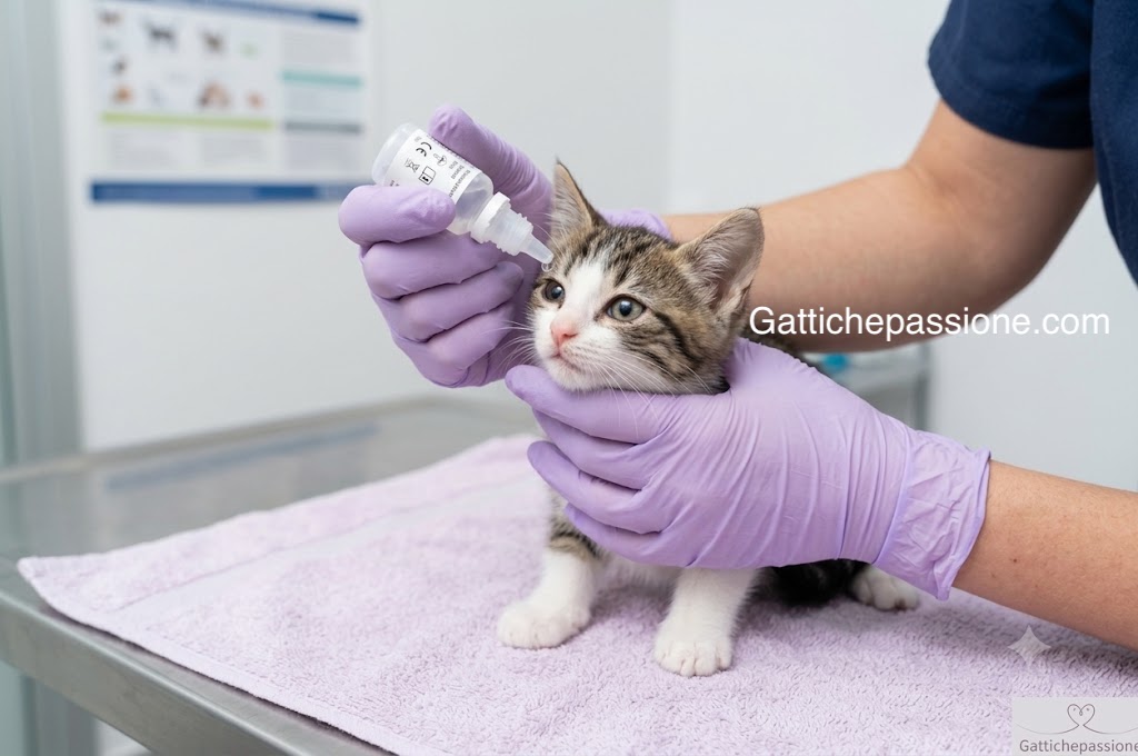 Infografica sui sintomi della clamidia nei gattini con indicazioni su occhi arrossati e secrezioni oculari