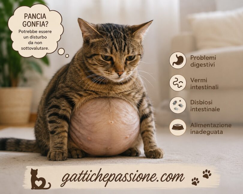 Gatto con la pancia gonfia a causa di un possibile disturbo intestinale o digestivo.