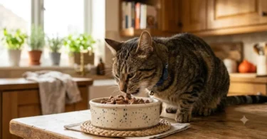 Gatto soriano mentre mangia cibo umido per gatti