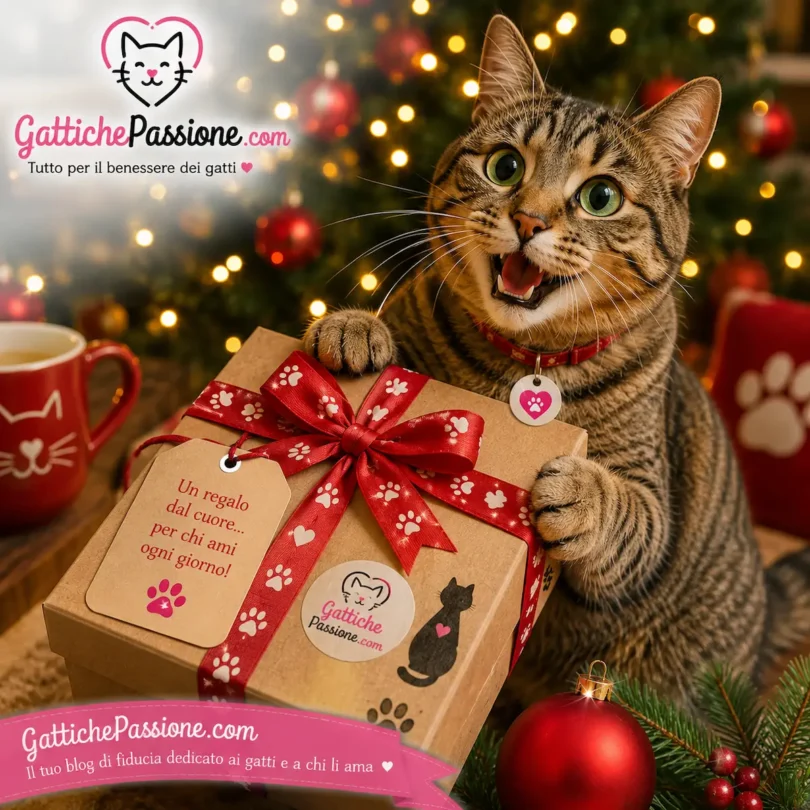 cosa regalare a un gatto per natale, Gatto felice riceve il suo regalo di Natale con decorazioni natalizie