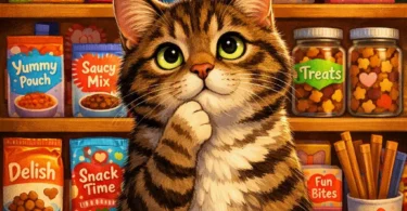 Gatto tigrato curioso davanti a scaffale di snack colorati