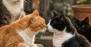Gatti che interagiscono tra loro all’aperto, osservandosi e comunicando con posture e segnali felini