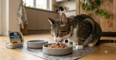 Gatto soriano tigrato che mangia cibo umido per gatti sterilizzati da una ciotola