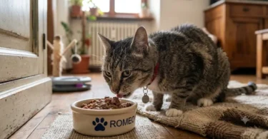 Romeo il gatto anziano si gode il suo pasto di cibo umido.